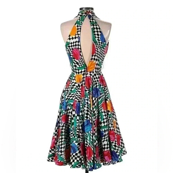 AJ Bari Floral Halter Dress Pleated Tulle V neck Flare Cocktail 80s Tulip 4 VTG - Picture 2 of 13